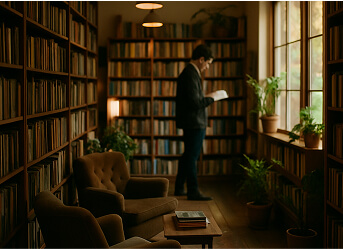 Cozy library with man reading